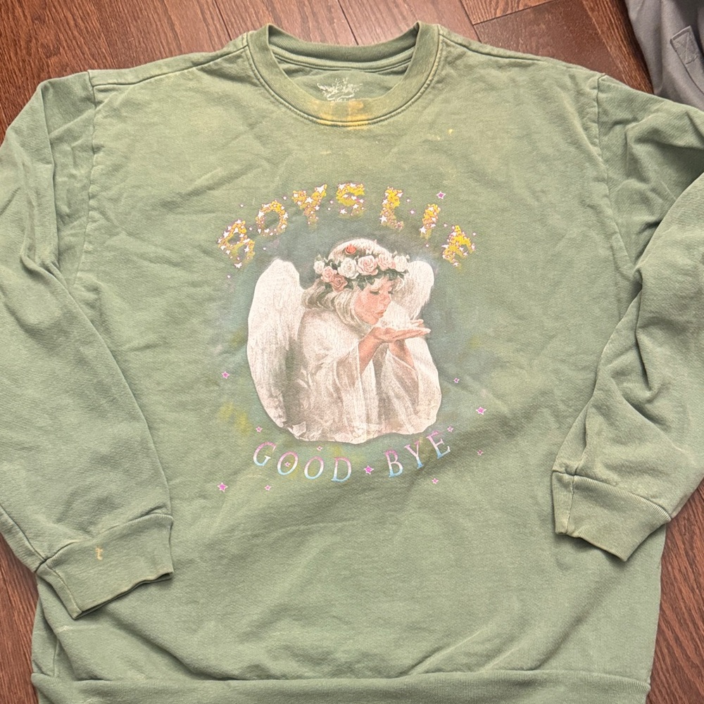 BOYS LIE Green Graphic Sweatshirt with Angel Design discoloration on sleeve/neck